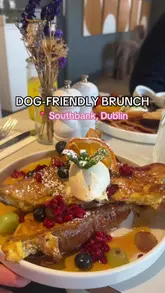Dog sits at a table with people enjoying dog-friendly brunch, pancakes and coffee at Southbank Cafe in Dublin.