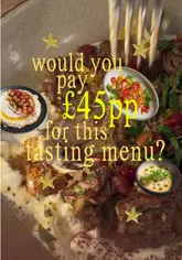 A review of a 7-course Middle Eastern tasting menu at Amber in Aldgate East, London, showcasing various dishes including hummus, sea bass crudo, cauliflower, grilled chicken, lamb shoulder, and mango baklava.