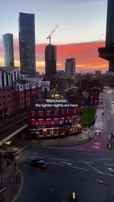 A promotional video showcasing a restaurant/bar venue in Manchester, highlighting the transition to spring with sunset views, cocktails, and various food dishes.