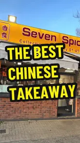 A short, music-led video showcasing a Chinese takeaway order from Seven Spice. The video features a quick shot of the shop exterior followed by a series of clips showing the unpacking and plating of various items including a spice bag, spring rolls, dumplings, fried rice, and curry sauce.