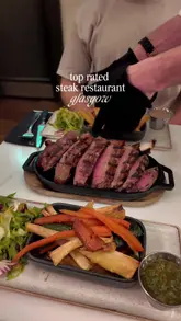 A polished promotional reel for a steakhouse in Glasgow, featuring close-up shots of a scotch egg, a large tomahawk steak, sides, sauces, and cocktails, interspersed with shots of the restaurant interior and exterior.