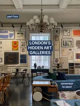 A high-quality, well-composed interior shot of an art gallery in London, featuring a chandelier, a blue sofa, and walls covered in framed artwork. The image is used as a cover for a listicle-style video about hidden art galleries.