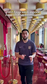 A fast-paced vlog-style tour of a new indoor food court in Birmingham, featuring a variety of vendors including a coffee shop, a bakery, an acai bowl spot, a noodle bar, and a dessert/drink stall. The creator walks the viewer through the space, highlighting specific dishes from each vendor.