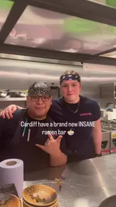 A couple visits the newly opened Tonkotsu ramen bar in Cardiff, showcasing the interior, the staff, and a variety of dishes including ramen, chilli tofu, and chicken karaage.