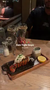 A couple enjoys a date night at Fazenda in Leeds, showcasing the Brazilian churrasco experience. The video features shots of the salad bar, various meats being carved tableside, a lobster tail, and a selection of desserts, highlighting the indulgent nature of the meal.