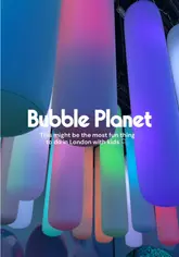 A montage showcasing the various immersive, bubble-themed rooms at the Bubble Planet experience in London, highlighting the interactive displays, lighting effects, and family-friendly environment.