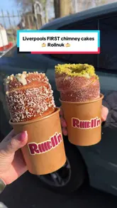 A short, handheld video showcasing chimney cakes from a new street food spot in Liverpool. The video features close-up shots of the cakes being pulled apart to demonstrate texture, along with a brief glimpse of the menu.