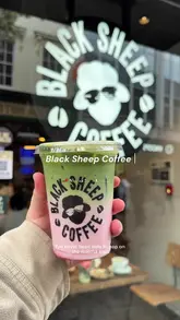 A short vlog-style video featuring a visit to a Black Sheep Coffee location in Nottingham, highlighting the ordering process and a taste test of a matcha latte.