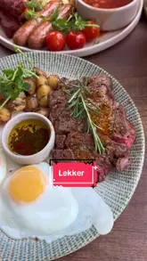 A review of a cafe called Lekker, featuring drinks like vanilla matcha and bueno latte, and breakfast dishes including steak and eggs and French toast.
