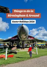 A promotional image for an aviation museum or outdoor exhibition in Birmingham, featuring a large aircraft with a child in the foreground, overlaid with text suggesting it as an activity for the Easter holidays.