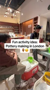 A vibrant, vlog-style video documenting a visit to Bonbon Pottery Cafe in London. The creators are shown engaging in pottery wheel throwing and painting, highlighting the fun and wholesome nature of the activity.