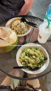 A short, energetic montage showcasing a night market in Chiang Mai, featuring the preparation and consumption of coconut smoothies, green curry fried rice, and roti.
