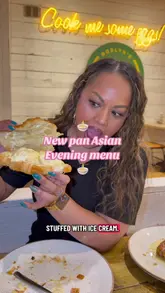 A creator visits Roslyn's Cafe in Streatham to showcase their new pan-Asian evening menu, highlighting starters like mutton rolls and chicken satay, mains like butter chicken and biryani, and indulgent desserts like Hong Kong-style French toast and a croissant ice cream sandwich.