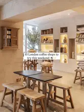 A high-quality, aesthetically pleasing interior shot of a London coffee shop, featuring warm, neutral tones, wooden furniture, and minimalist decor. The image is used as a cover for a listicle post recommending coffee shops in London.