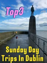 A travel vlog following a creator on a Sunday day trip in Dun Laoghaire, Dublin, using a rental car service. The video features visits to the People's Park Market, local food spots like Scrumdiddly's and Happy Out, and scenic coastal views.