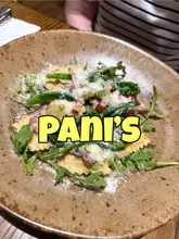 A review-style video featuring a visit to Pani's, an Italian restaurant in Newcastle. The creator provides a brief introduction, shows the menu, and highlights various dishes including garlic bread, olives, calamari, ravioli, and tiramisu.