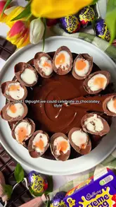 A home cooking tutorial demonstrating how to make a chocolate cake topped with Creme Eggs, using leftover Easter chocolate.