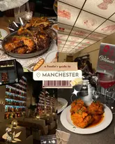 A collage-style 'foodie's guide to Manchester' featuring various dishes and interior shots from multiple venues, including roast chicken, cafe interiors, and bar settings.