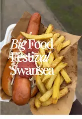 A fast-paced, handheld-style reel showcasing various food vendors at the Big Food Festival in Swansea. The video features a wide array of street food, including hot dogs, pizzas, burgers, Korean fried chicken, tacos, and various desserts, set against the backdrop of the festival's waterfront location.