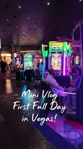 A fast-paced mini vlog documenting a full day of activities and dining on the Las Vegas Strip. The video features visits to various casinos, bars, and casual eateries, including Greenberg's Deli, Tom's Watch Bar, and Raising Cane's, highlighting the experience of slot machine gaming and affordable dining options.