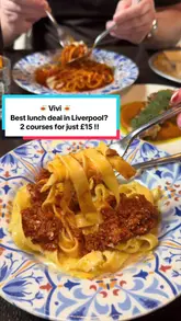 A food review video showcasing a £15 lunch deal at an Italian restaurant called Vivi in Liverpool, featuring close-ups of various dishes like pasta, mozzarella sticks, and skewers.