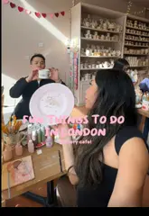 A vlog-style video showcasing a visit to a pottery cafe in Battersea, London. The creator demonstrates the process of selecting a piece, painting it, and enjoying some cake and matcha, highlighting the activity as a fun and wholesome experience.