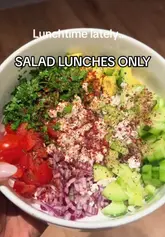 A fast-paced montage of various salad bowls, including home-prepared meals, store-bought options from Whole Foods, and cafe bowls from Yolk, framed as a 'lunchtime lately' lifestyle update.