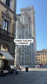 A travel montage showcasing various locations in Tuscany, including Florence, San Gimignano, and Siena, featuring scenic views, dining experiences, and local activities like a wine fountain and photo booth.