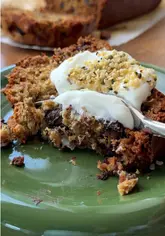 A recipe tutorial for salted peanut banana bread, featuring the creator demonstrating the steps from mashing bananas to baking and slicing the final product.