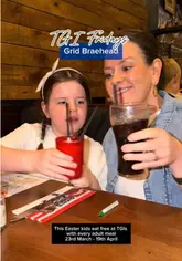 A family visits TGI Fridays to promote an Easter 'kids eat free' offer. The video features the children enjoying their meals, coloring, and receiving balloon art from the staff, while the mother explains the promotion and shows the food.
