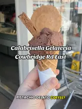 A short, engaging video showcasing a pistachio gelato coffee at Calabrisella Gelateria in Cardiff, featuring close-ups of the drink and the venue's gelato display.