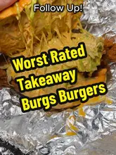 A review-style video where the creator tastes and rates various items from a takeaway burger spot called Burgs Burgers. The video features close-up shots of the food, including loaded fries and smash burgers, with the creator providing commentary and ratings for each item.