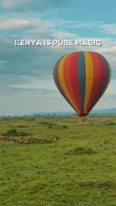 A montage of clips showcasing wildlife in Kenya, including giraffes, zebras, elephants, and lions, followed by shots of a beach resort and a sunset.