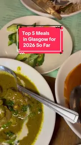 A listicle-style video showcasing five different restaurants in Glasgow, featuring a variety of dishes including pan-Asian, burgers, pasta, and Sri Lankan/South Indian cuisine. The creator provides a voiceover review of their favorite meals from the first quarter of 2026.
