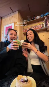 A short, casual reel featuring a visit to Moko Made Cafe in London. The video highlights their matcha latte and kinako roll, showing the product close-ups and the creators enjoying the items in the cafe's cozy interior.