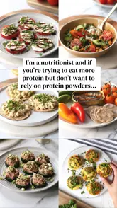 A clean, professional collage of six healthy, high-protein snack options presented by a nutritionist to promote a recipe guide. The images feature a variety of simple, balanced dishes including caprese, chickpea salad, egg salad crackers, tinned fish, cucumber tuna bites, and egg muffins, all shot with consistent, bright, natural lighting.
