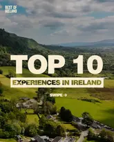 A promotional graphic for a 'Top 10 Experiences in Ireland' listicle, featuring a scenic aerial view of a lush green valley. The design is clean, professional, and uses high-quality imagery to draw the viewer in.