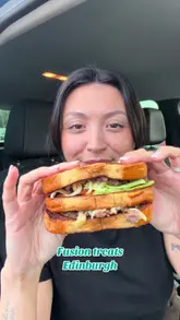 A review of a food truck called Fusion Treats, featuring a beef double down sandwich, loaded tots with fried chicken, mac and cheese bites, and two fusion drinks.