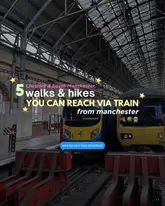 A travel-focused graphic promoting five hiking locations near Manchester that are accessible by train. The image features a view of trains at a station, overlaid with text detailing the content of the post.