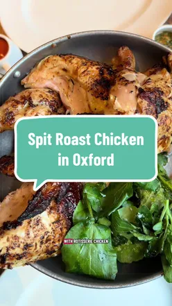 Delicious rotisserie spit chicken, golden brown and perfectly roasted, from Dirty Bones restaurant at Westgate Oxford.