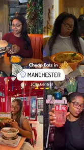 A collage-style social media post featuring a creator visiting various casual dining spots in Manchester. The image uses a four-panel layout to showcase different meals and drinks, including burgers, curry, and cocktails, aimed at highlighting affordable dining options in the city centre.