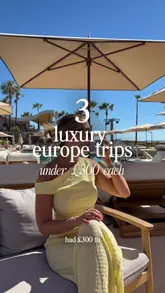 A travel influencer presents three European city break destinations (Athens, Rome, Barcelona) that offer luxury experiences for under £300, highlighting specific hotels, dining spots, and activities in each location.