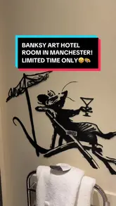 A creator gives a tour of a Banksy-themed hotel room at the Manchester Marriott Piccadilly, highlighting the various art pieces and decor within the room.