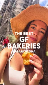 A travel-focused listicle video highlighting three gluten-free bakeries in Barcelona. The creator visits each location, showing the storefronts and a variety of pastries, brownies, and cookies, with clear text overlays identifying each venue.
