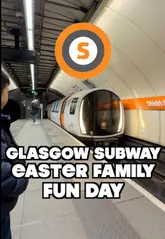 A family-focused vlog documenting a day out in Glasgow using the subway system. The video follows a family as they travel between stations, visiting the Riverside Museum, a bakery, and a Vietnamese restaurant, while highlighting a 'Kids Go Free' promotion and an upcoming family event.