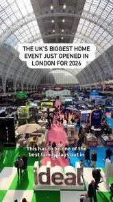 A family-focused vlog tour of the Ideal Home Show at Olympia London, highlighting various exhibits including show homes, garden displays, workshops, and food stalls.