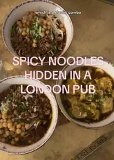 A short, punchy vlog-style review of Liu Xiaomian, a noodle spot located inside The Jackalope pub in Marylebone, London. The video guides the viewer from the street to the interior, highlights the menu options, and showcases the spicy Chongqing noodles and prawn wontons.