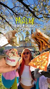 A vibrant vlog-style video capturing a visit to the Paisley Food & Drinks Festival. The creator samples a wide range of street food, including dumplings, puddings, birria tacos, pizza, and churros, while highlighting the sunny festival atmosphere.