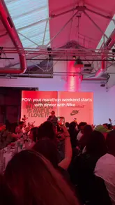 A short video capturing a Nike-branded dinner event during the London Marathon weekend, featuring shots of the table setting, the menu, a salad bowl, and a panel discussion.