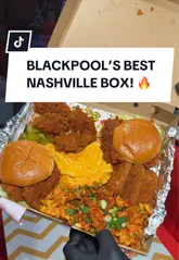 A fast-paced, energetic food review of a 'Nashville Munchbox' from Lucky B's Hot Chicken in Blackpool, featuring the creator trying various items from the box including burgers, wings, and mac and cheese.
